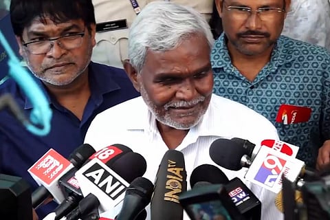 Former Jharkhand Chief Minister and Jharkhand Mukti Morcha (JMM) leader Champai Soren speaks to the media on the rumours of joining the Bharatiya Janata Party (BJP) on his arrival, in New Delhi on Sunday. 