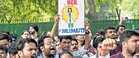 Protest at Nirmal Bhawan on Monday in Delhi against rape and murder of women colleague in Kolkata hospital