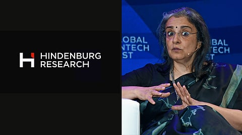 The Hindenburg logo (Left) . On the right, Securities and Exchange Board of India (SEBI) chairperson Madhabi Puri Buch seen speaking at the Global Fintech Fest (GFF), in Mumbai. (File Phote | ANI)