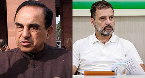 Bharatiya Janata Party (BJP) leader Subramanian Swamy (L), Congress leader Rahul Gandhi (R)
