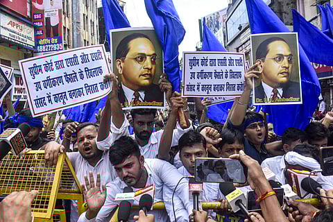 Bahujan Samaj Party (BSP) supporters and others protest against the Supreme Court's August 1 decision on the issue of SC-ST reservation during 'Bharat Bandh', in Patna, Wednesday, Aug. 21, 2024. 