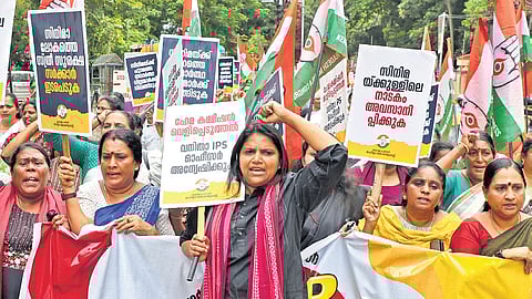 Mahila Congress workers take out a protest march to the state police headquarters in the capital on Wednesday demanding an investigation into the Hema Committee report by a woman IPS officer 