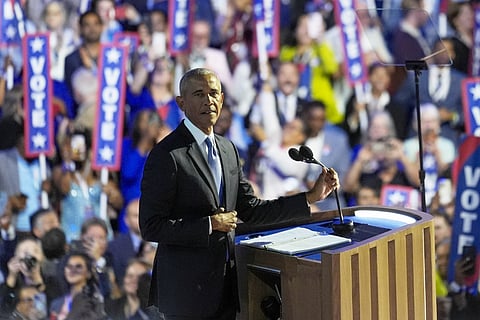 Former President Barack Obama speaks during the Democratic National Convention Tuesday, Aug. 20, 2024, in Chicago.