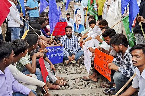 Bahujan Samaj Party (BSP) supporters and others protest against the Supreme Court's August 1 decision on the issue of SC-ST reservation during 'Bharat Bandh', in Patna, Wednesday, Aug. 21, 2024. 