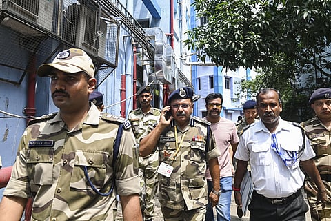 CISF DIG K Pratap Singh (C) with jawans inspects R G Kar Medical College and Hospital for their deployment for security pupose in view of protests over recent rape and murder of a woman trainee doctor, in Kolkata, Wednesday, Aug. 21, 2024. 