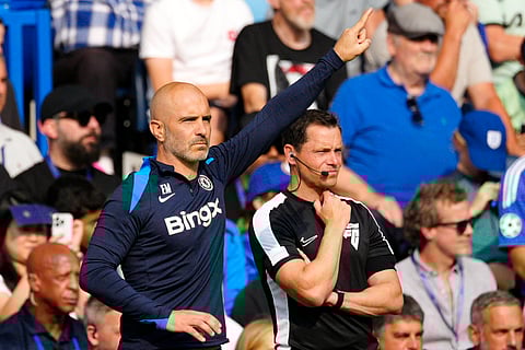 Chelsea's head coach Enzo Maresca reacts during the English Premier League match between Chelsea and Manchester City at Stamford Bridge stadium in London on Sunday.