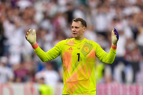 Germany's goalkeeper Manuel Neuer reacts during a quarter final match between Germany and Spain at the Euro 2024 football tournament.
