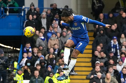 Chelsea's Raheem Sterling makes an attempt to score during the English Premier League match between Chelsea and Fulham