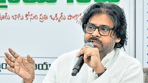 Deputy CM K Pawan Kalyan addressing newsmen at Mangalagiri camp office on Thursday