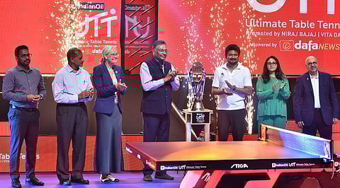 Tamil Nadu Sports Minister Udhayanidhi Stalin (3rd from right) unveils the UTT 2024 trophy in Chennai on Thursday.
