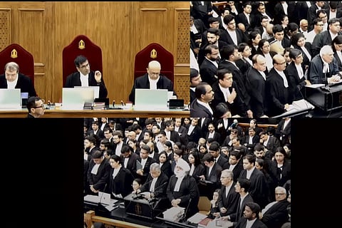 A bench comprising Chief Justice of India (CJI) D.Y. Chandrachud, Justice J.B. Pardiwala and Justice Manoj Misra during hears suo moto on the case related to the alleged sexual assault and murder of a postgraduate trainee doctor in Kolkata, at the Supreme Court in New Delhi, Thursday, Aug. 22, 2024. 