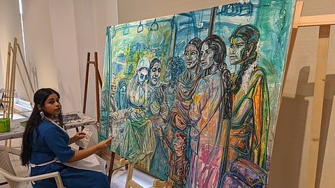The exhibition showcases thirty-five artists' diverse interpretations of Hyderabad’s transition, blending historical landmarks with modern transformations.