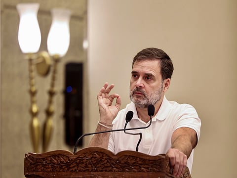 Congress leader Rahul Gandhi speaks during the party workers' meeting, in Srinagar, Thursday, Aug. 22, 2024. 