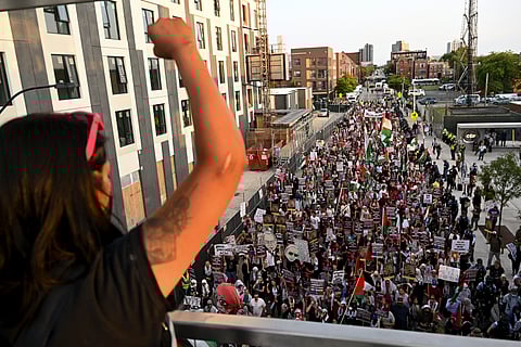 Protesters march during a demonstration outside the Democratic National Convention Wednesday, Aug. 21, 2024, in Chicago.