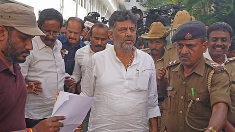 DyCM DK Shivakumar leaves the Lokayukta office after appearing before the Lokayukta police in response to a notice issued to him in connection with an alleged disproportionate assets case in Bengaluru on Thursday