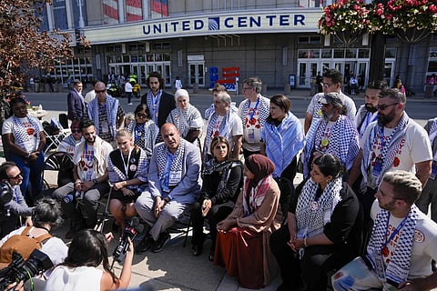 Uncommitted delegates hold a press conference outside the United Center before the Democratic National Convention, Thursday, Aug 22, 2024, 
