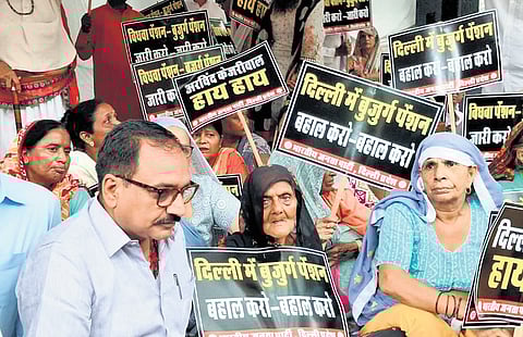 Delhi BJP chief Virendra Sachdeva during protest against pending pension