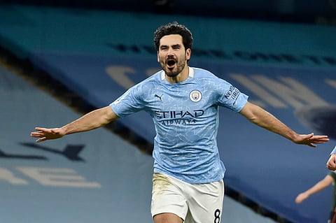 Manchester City's Ilkay Gundogan celebrates after scoring during an English Premier League Match.