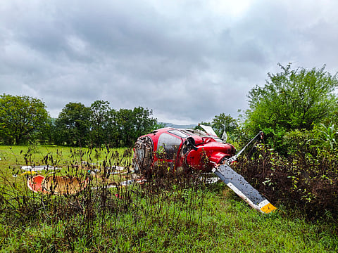 Wreckage of the helicopter that was flying from Mumbai to Hyderabad after it crashed at Mulshi tehsil, in Pune, Saturday, Aug. 24, 2024.