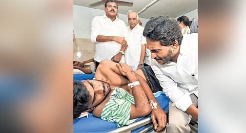 YSRC chief YS Jagan Mohan Reddy met workers who were injured in the explosion at Atchuthapuram SEZ in Visakhapatnam on Friday