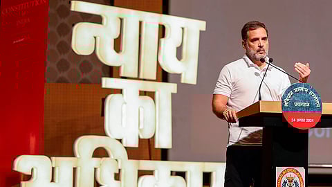  LoP in Lok Sabha and Congress MP Rahul Gandhi addresses a gathering during the 'Samvidhan Samman Sammelan', in Prayagraj. 