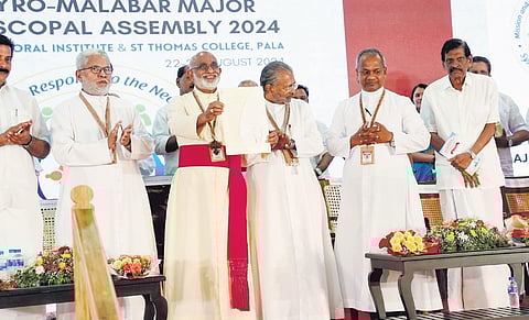 Syro-Malabar Church Head Major Archbishop Mar Raphael Thattil releases the final statement of the fifth Major Episcopal Assembly of the Church which concluded in Pala on Sunday