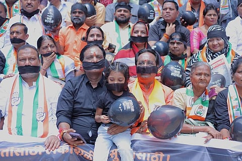 Maharashtra Legislative Council Leader of Opposition Ambadas Danve during a protest organised by MVA on Saturday against the sexual assault on two minor girls in Badlapur.