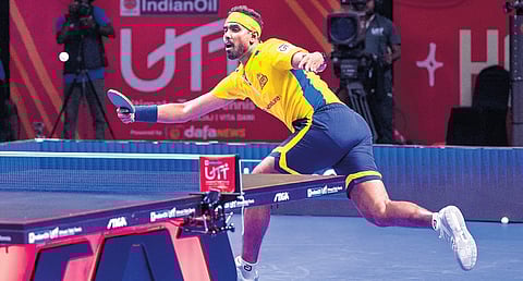 Chennai Lions’ A Sharath Kamal in action on Sunday 