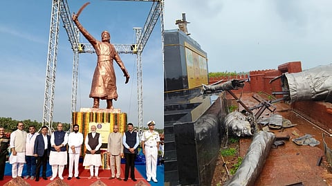 Prime Minister Narendra Modi on December 4 last year on the occasion of Navy Day (R), Damaged Shivaji statue (L)