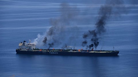 This photo released by the European Union's Operation Aspides shows fires burning aboard the oil tanker Sounion in the Red Sea on Sunday, Aug. 25, 2024.