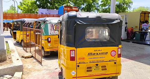 The CNG auto rickshaws queuing up to fill fuel at a filling station near Mayiladuthurai 