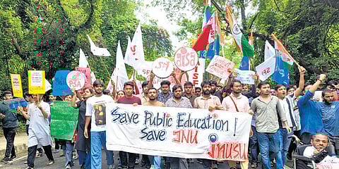 JNU students conducting a protest against the denying approval to any in-house JNU entrance exam