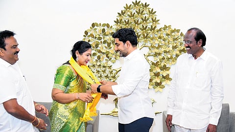 HRD Minister Nara Lokesh welcomes Eluru Mayor Shaik Noorjahan into the TDP at his Undavalli residence on Tuesday 