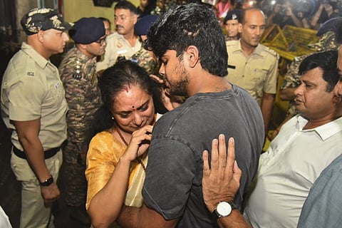 BRS leader K Kavitha gets emotional as she walks out of Tihar Jail after the Supreme Court granted her bail in the excise policy case, in New Delhi, Tuesday, Aug. 27, 2024.