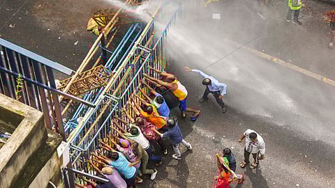Police use water cannons to disperse students who were marching from Howrah Maidan towards the state secretariat in protest against the RG Kar Medical College and Hospital incident, in Howrah