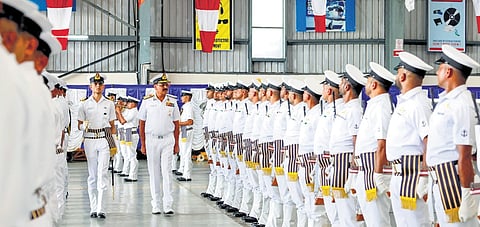 Chief of Naval Staff Admiral Dinesh K Tripathi inspecting the guard of honour on his first visit to the Southern Naval Command in Kochi on Monday. SNC Flag Officer Commanding-in-Chief Vice Admiral V Srinivas is also seen