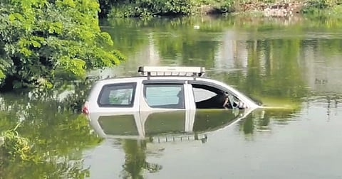 A 36-year-old man went missing after his car plunged into the Eluru Canal near Kesarapalli village.