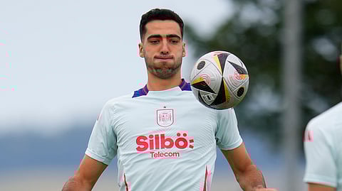 Spain's Mikel Merino controls the ball during a training session ahead of Sunday's Euro 2024, final soccer match in Donaueschingen, Germany, Wednesday, July 10, 2024.
