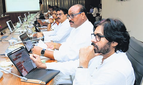 Deputy Chief Minister Pawan Kalyan and other ministers attend the Cabinet meeting at the State Secretariat on Wednesday 