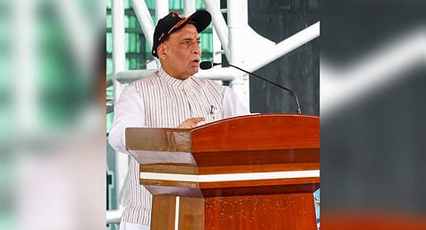 Defence Minister Rajnath Singh addresses during the commissioning of the second Arihant-Class submarine, INS Arighaat into the Indian Navy, in Visakhapatnam.