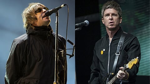 Liam Gallagher performs at the Reading Music Festival, England on Aug. 29, 2021, left, and Noel Gallagher performs at the Glastonbury Festival in Worthy Farm, Somerset, England, on June 25, 2022. 