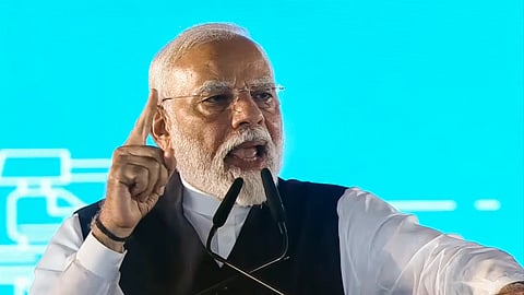 Prime Minister Narendra Modi speaks during laying of the foundation stone of Vadhvan Port and launching of development works, in Palghar district, Friday, Aug 30, 2024.
