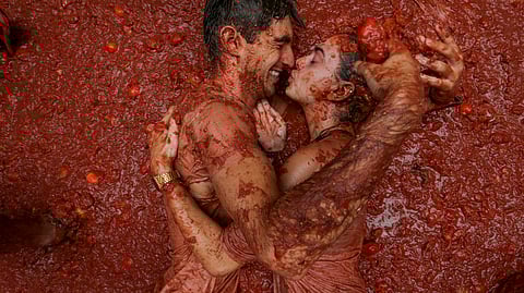 Tomato fight fiesta, in the village of Bunol near Valencia, Spain.