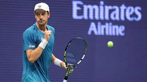 Botic van De Zandschulp, of the Netherlands, reacts after scoring a point against Carlos Alcaraz, of Spain, during the second round of the U.S. Open tennis championships, Thursday, Aug. 29, 2024, in New York. 