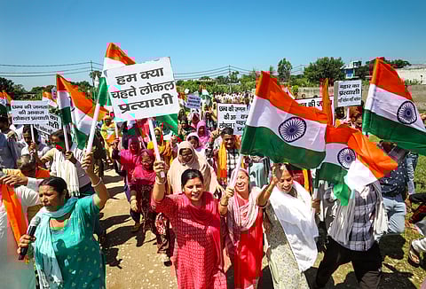 BJP workers stage a protest march expressing dissatisfaction with the party's ticket distribution for the upcoming Jammu and Kashmir assembly polls, in Jammu, Saturday, Aug 31, 2024. 