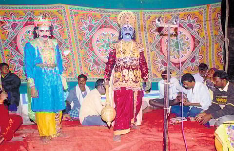 The author of Telugu Badi Balavachakam (below), Kukatla Thirupathi, takes part in theatre performances across the erstwhile Karimnagar district