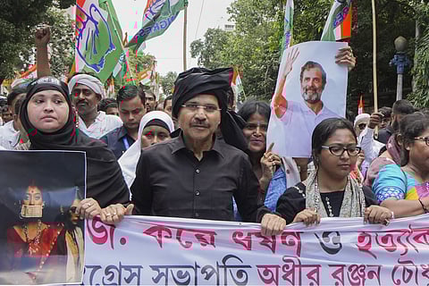 West Bengal Pradesh Congress President Adhir Ranjan Chowdhury with party activists during a protest rally against the alleged rape and murder of a trainee woman doctor at RG Kar Medical College and Hospital, in Kolkata, Thursday, Aug. 29, 2024.