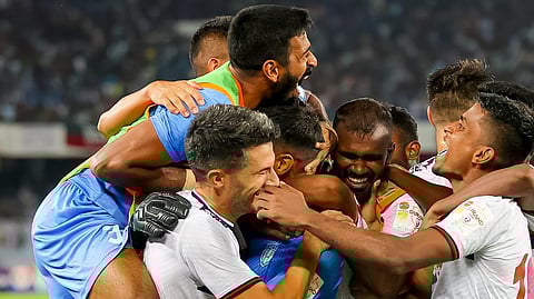 NorthEast United players celebrate after beating defending champions Mohun Bagan on penalties in the final of the Durand Cup