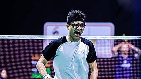 India's Suhas Yathiraj celebrates after winning the men’s SL4 badminton semifinal match against compatriot Sukant Kadam at the Paris 2024 Paralympics, in Paris on Sunday.