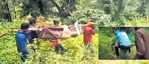 A video grab of people carrying a 19-year-old youth in Chikkamagaluru district 